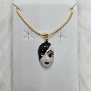 Vintage Fancy Faces Hand Painted Porcelain Mask Mini Pendant Necklace